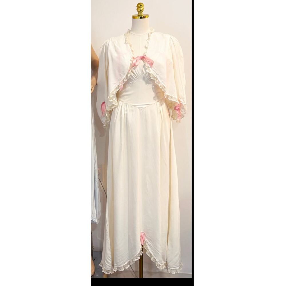 Vintage White Peignoir &‎ nightgown with pink bows  S/M , silk chiffon